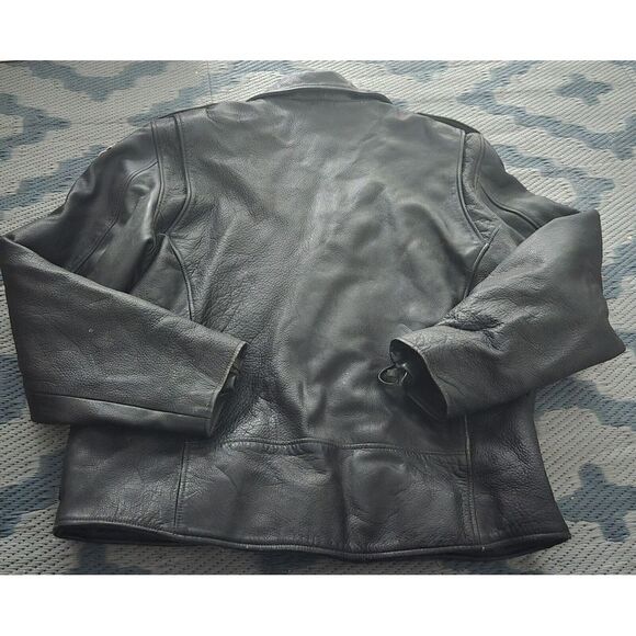 Men's Vintage Wilsons Zip-Up Black Leather Biker PUNK Jacket XL Cartoon Patches - Picture 2 of 16